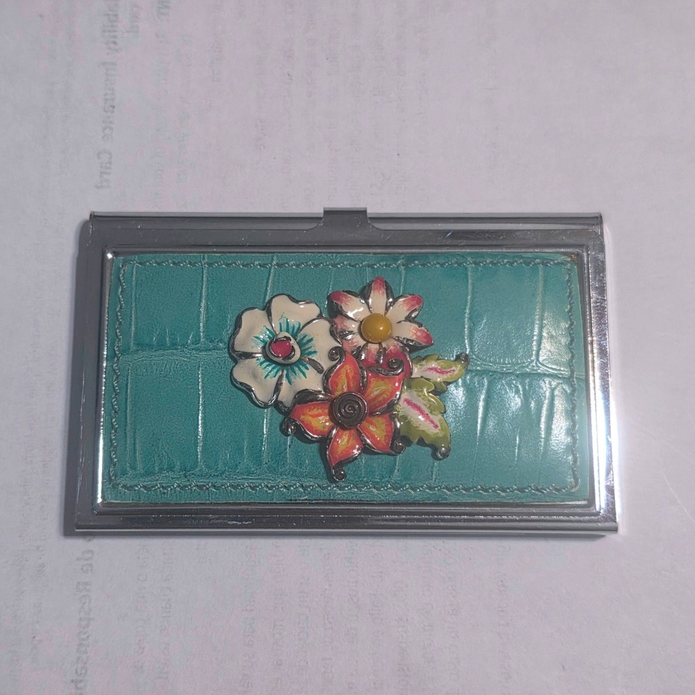 Brighton Teal Croc Leather Floral Enamel Business Card Holder Case